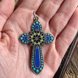 Antique Enamel and Turquoise Cross Pendant, c. 1900