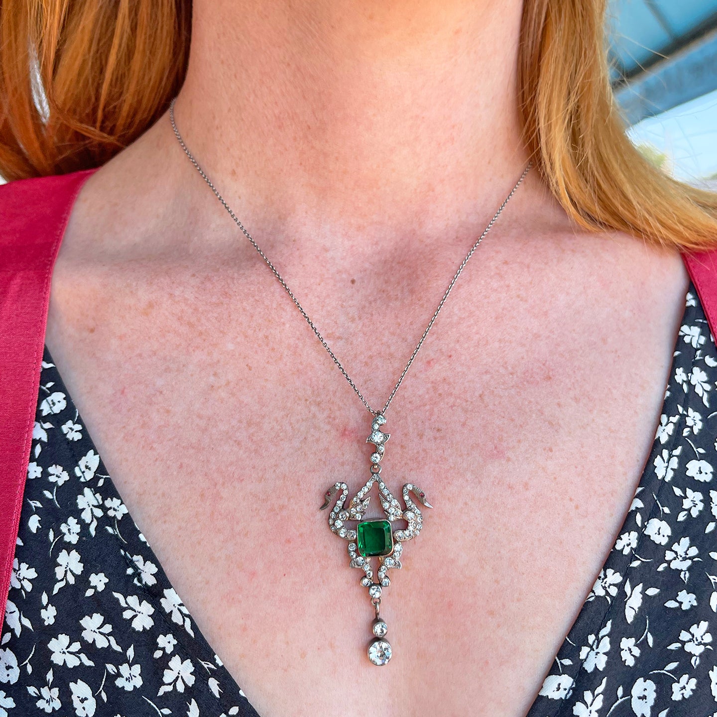 Austro-Hungarian Silver Pendant with Emerald-Green Paste and Swans, c. 1880