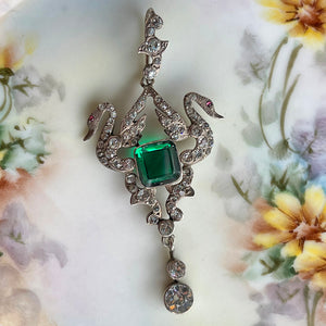 Austro-Hungarian Silver Pendant with Emerald-Green Paste and Swans, c. 1880