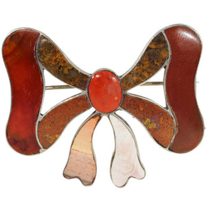 Antique Scottish Pebble Bow Brooch, Victorian c. 1890, Agate and Sterling Silver