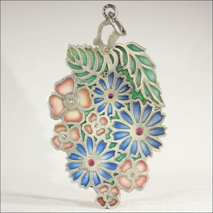 Antique Plique-á-Jour Silver and Enamel Pendant with Diamonds and Rubies, Art Nouveau c. 1900