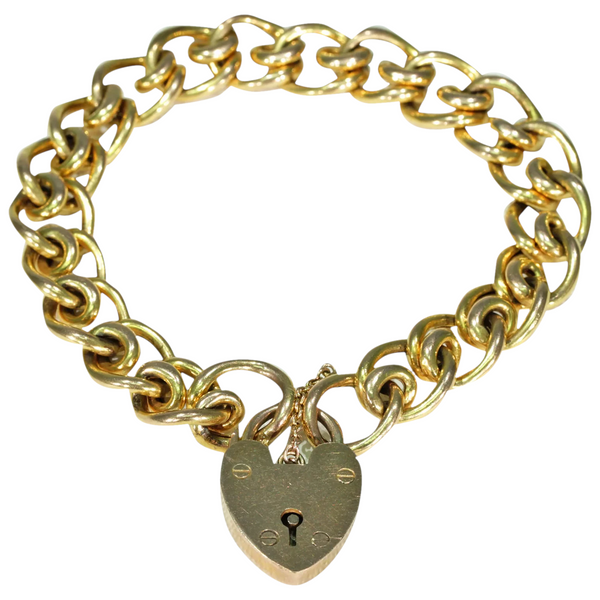 Victorian 9k Gold Curb Link Bracelet Heart Lock Large Chunky Links -  Victoria Sterling