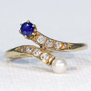 Antique Sapphire Pearl Diamond Bypass Ring