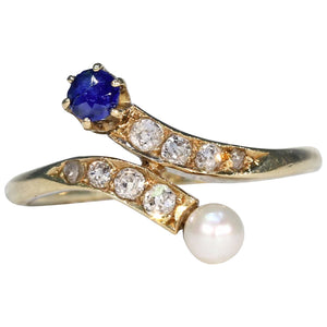 Antique Sapphire Pearl Diamond Bypass Ring