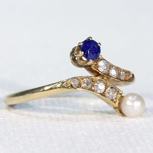 Antique Sapphire Pearl Diamond Bypass Ring