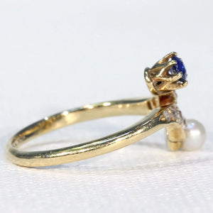 Antique Sapphire Pearl Diamond Bypass Ring