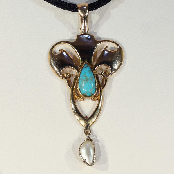 Antique Edwardian Art Nouveau Pendant Pearl Turquoise - Victoria Sterling