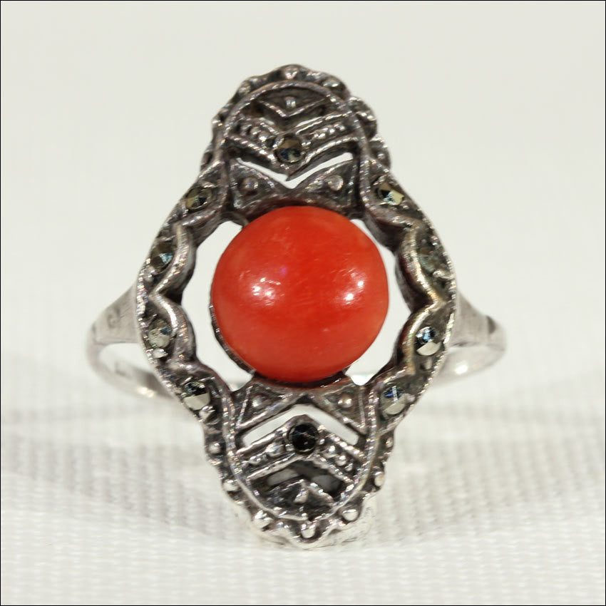 Store Vintage Carnelian & Marcasite Red Orange Bar Pin, One Size