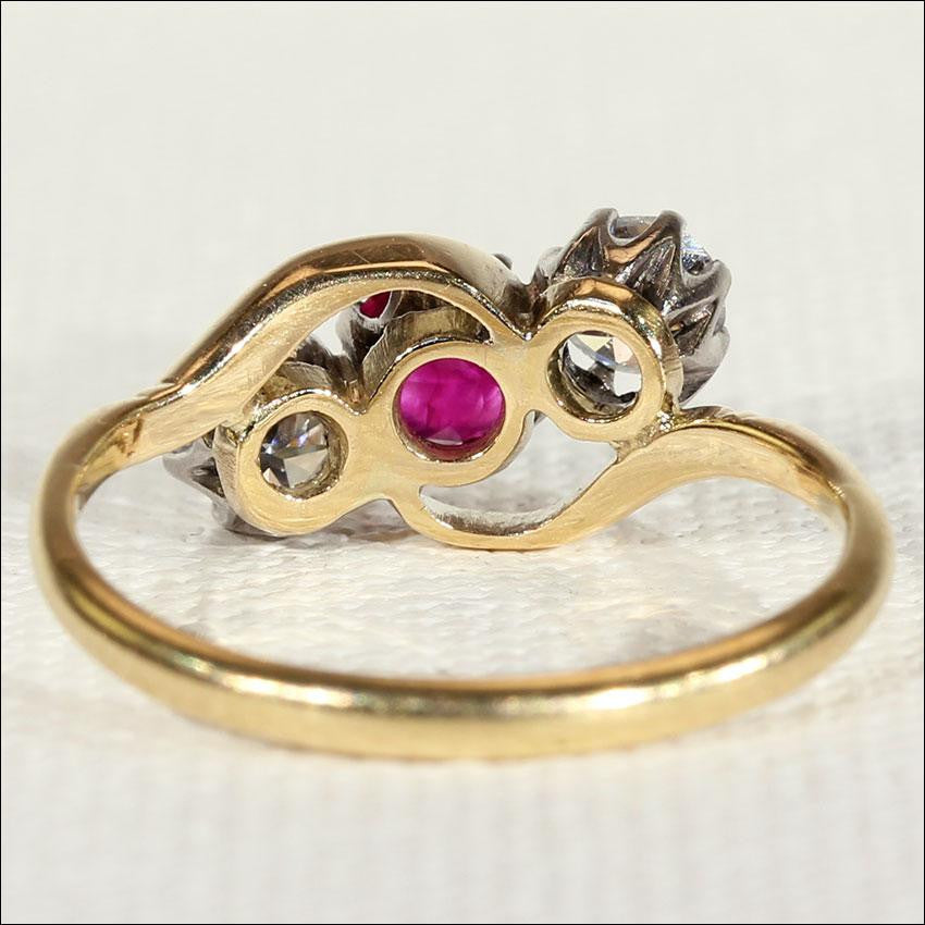 Antique Ruby and Diamond 3 Stone Bypass Ring in 18k Gold and Platinum ...