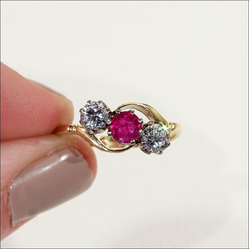 Antique Ruby and Diamond 3 Stone Bypass Ring in 18k Gold and Platinum ...